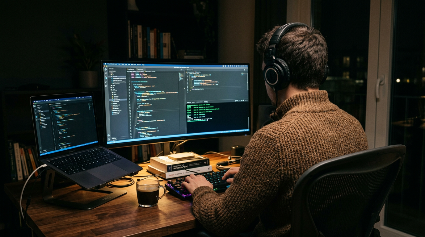 Developer wearing headphones reviewing code on a large monitor
