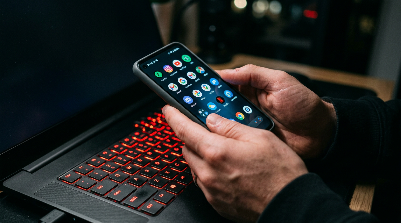 Hands holding a smartphone with app icons above a laptop keyboard